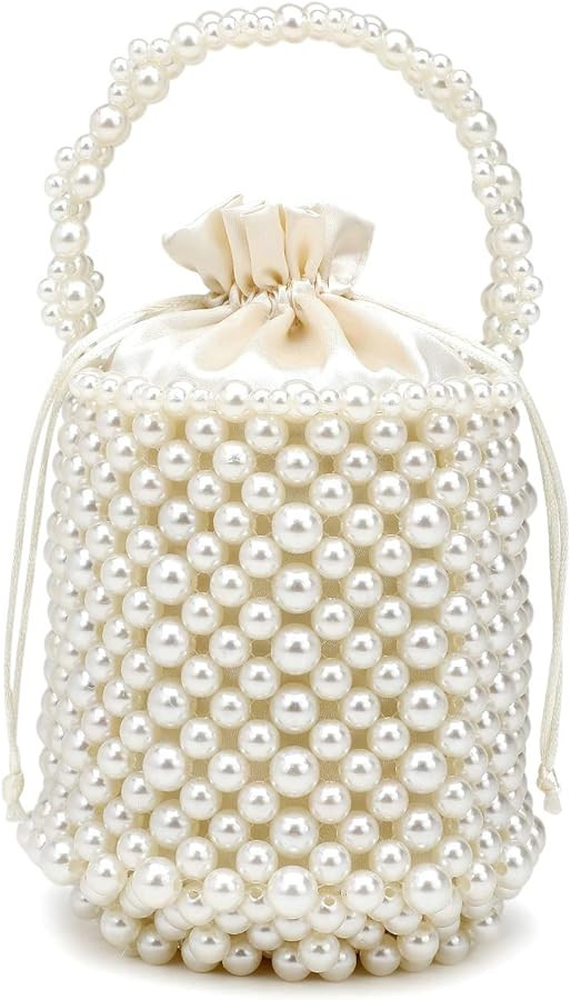 DJBM Women Handmade Pearl Beaded Clutch Bucket Evening Handbag Acrylic Pearl Purse for Party Wedd... | Amazon (US)