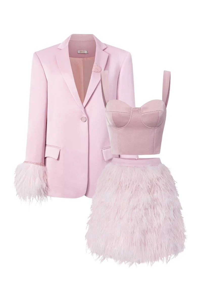 BABY PINK KIERA TAFFETA FEATHER BLAZER SET | 21Six | CULT MIA | CULT MIA UK LTD