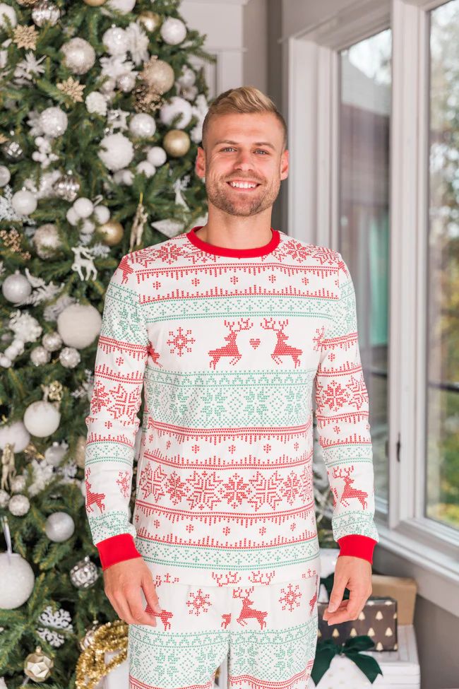 Winter Delight Men's Ivory/Green Pajama Top | The Pink Lily Boutique
