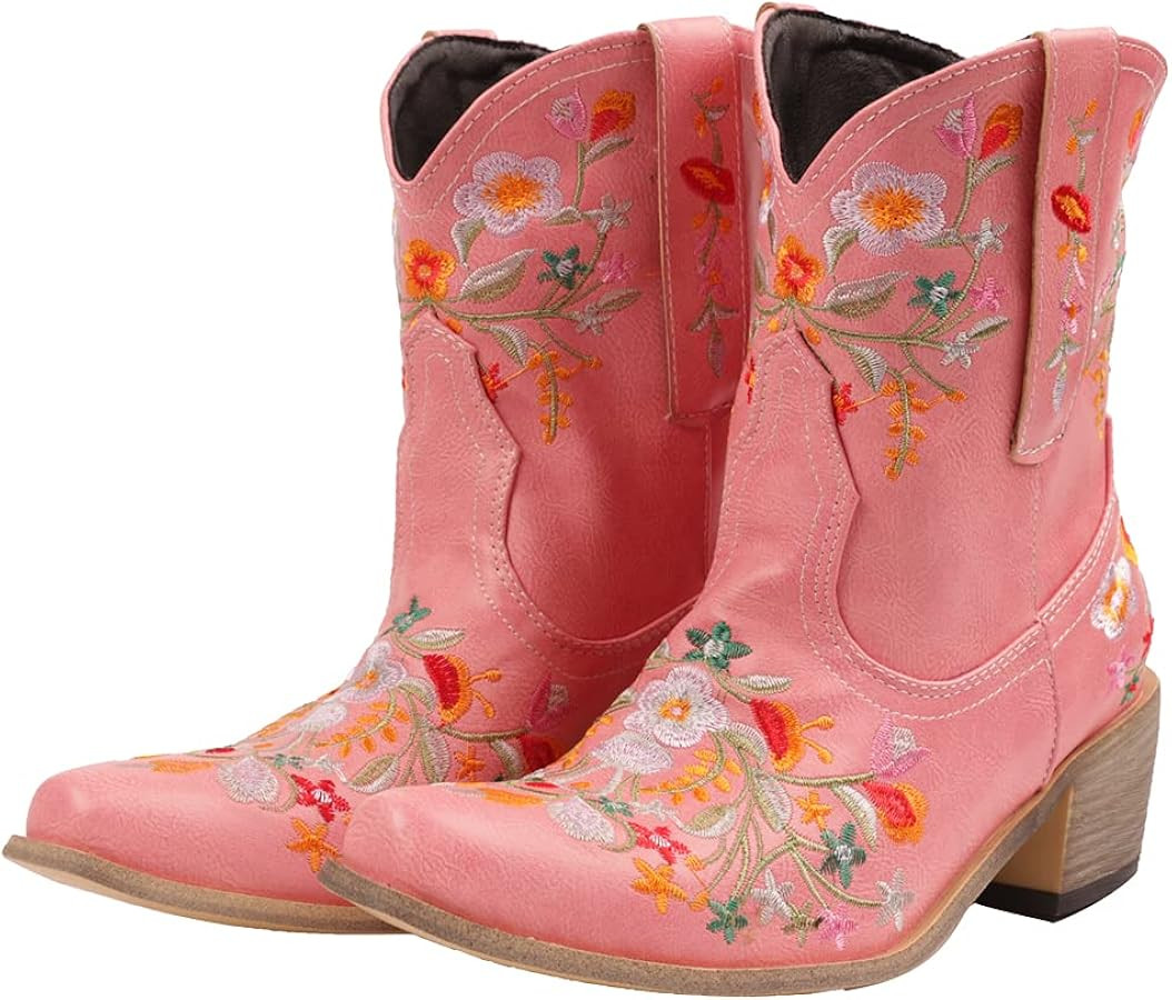 CRYSIGNE Women Flower Embroidered Ankle Cowgirl Boots Square Toe Western Boots Chunky Heel Pull O... | Amazon (US)