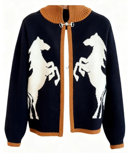 Women's Equestrian Black-and-White Horse Pattern Stand Collar Versatile Knit Cardigan Sweater | Amazon (US)