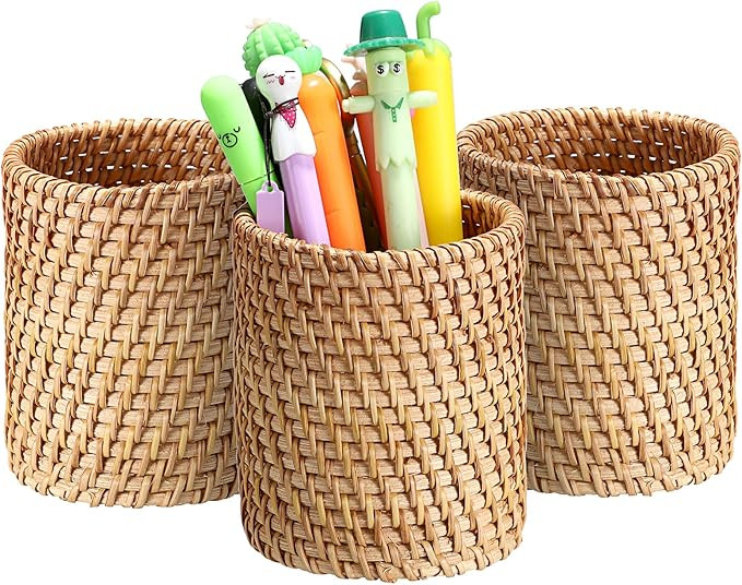 BTSKY 3 Pack Rattan Pen Cup, Handmade Desk Pencil Holders Makeup Brush Holder Multi-Functional Wo... | Amazon (US)
