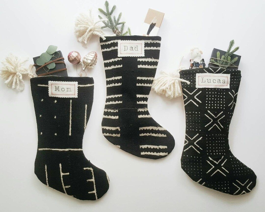 Black Mudcloth Christmas Stockings with Pom Poms | Black and White Modern Farmhouse Christmas Dé... | Etsy (US)