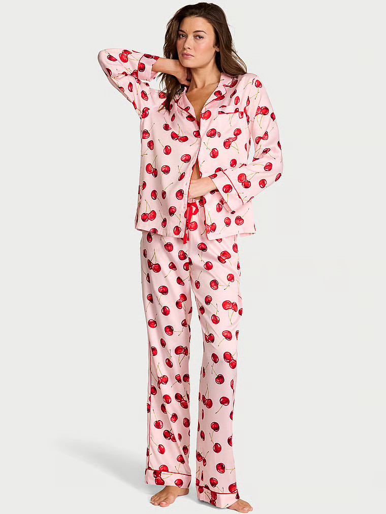 Buy Signature Satin Heart Long Pajama Set, Bikini Pink Jacquard W Heart Pocket - Order Pajamas Se... | Victoria's Secret (US / CA )