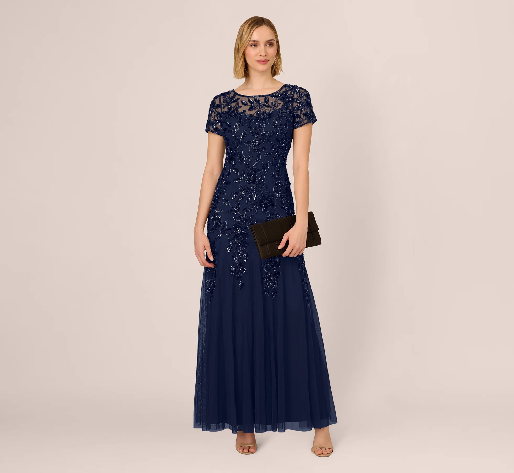 Hand Beaded Short Sleeve Floral Godet Gown In Light Navy | Adrianna Papell