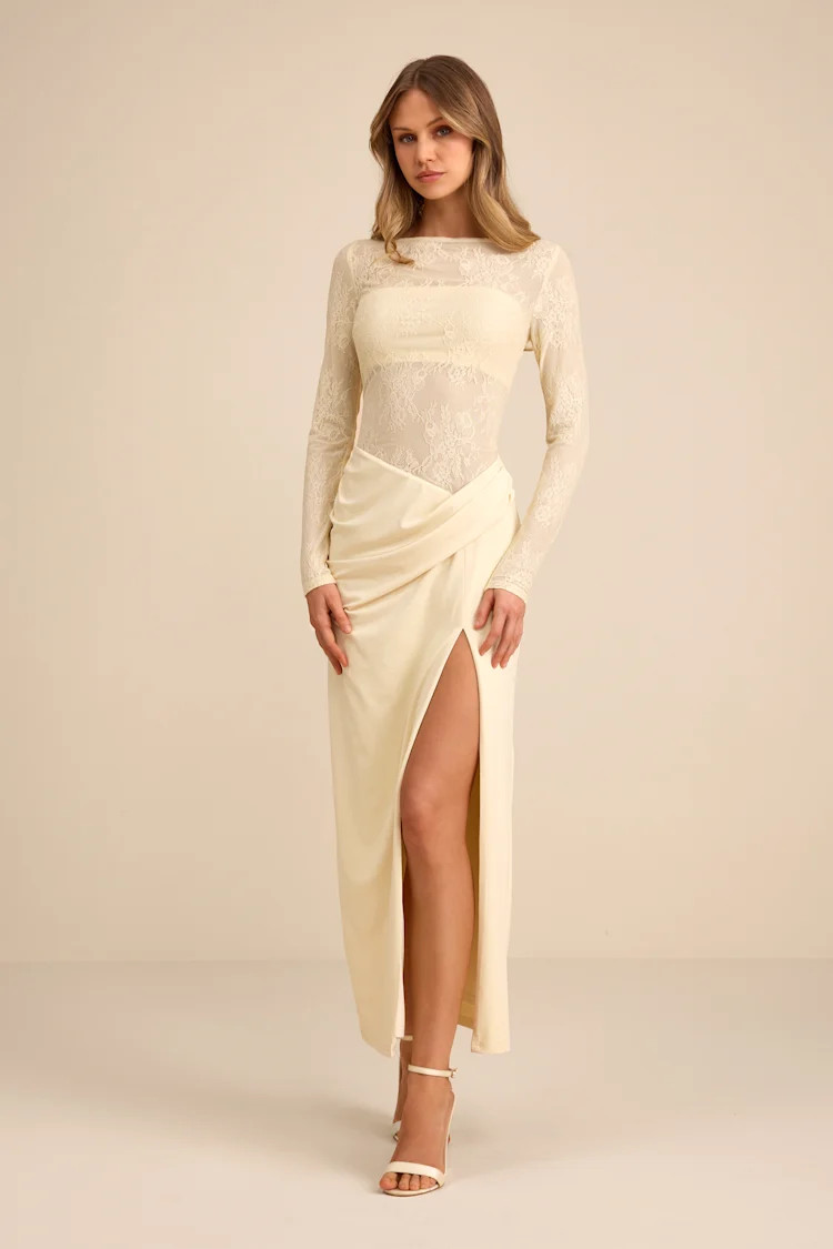 Nadina Pale Yellow Lace Long Sleeve Maxi Dress | Lulus