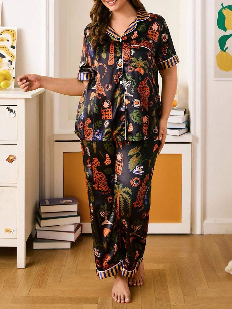 Chillnights Plus Size Young Leopard & Floral Print Satin Pajama Set | SHEIN