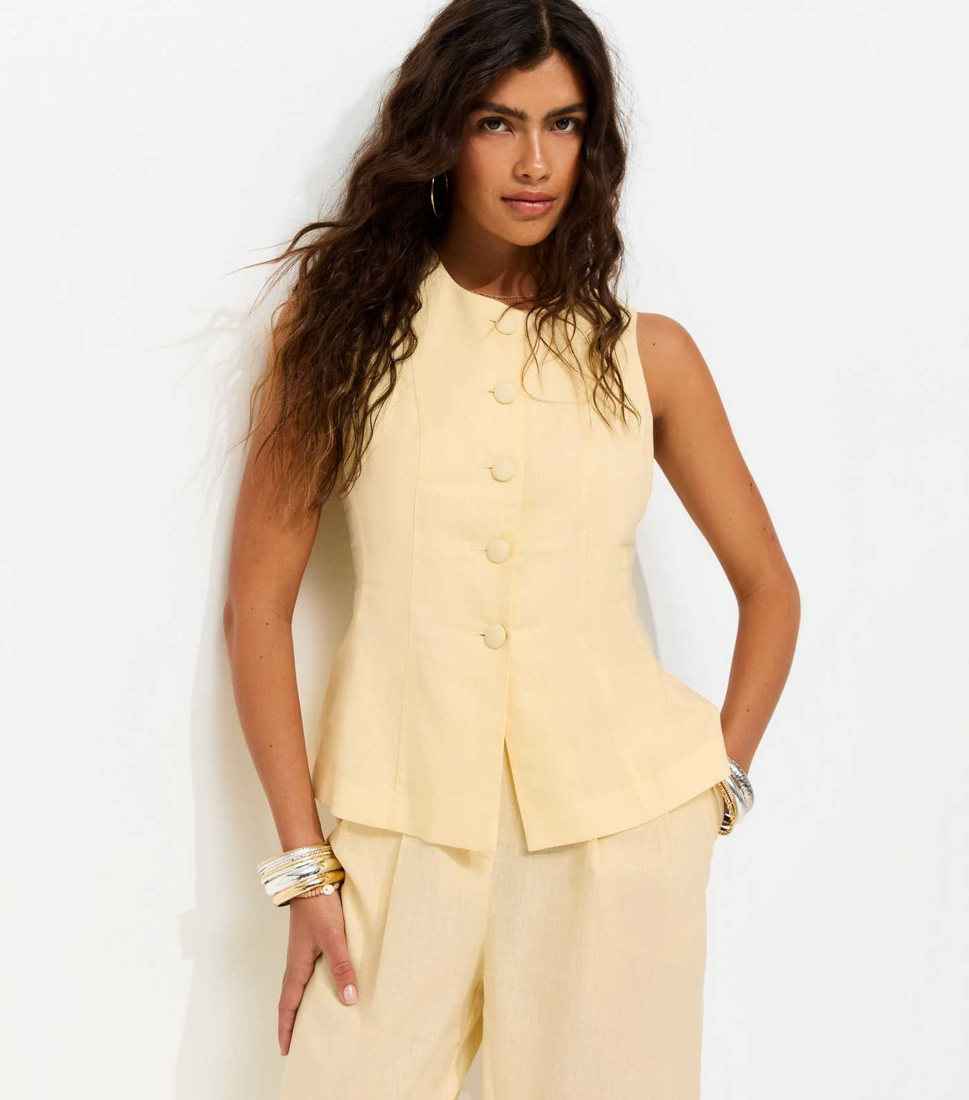 Light Yellow Linen Rich Button Through Peplum Waistcoat | New Look | New Look (UK)