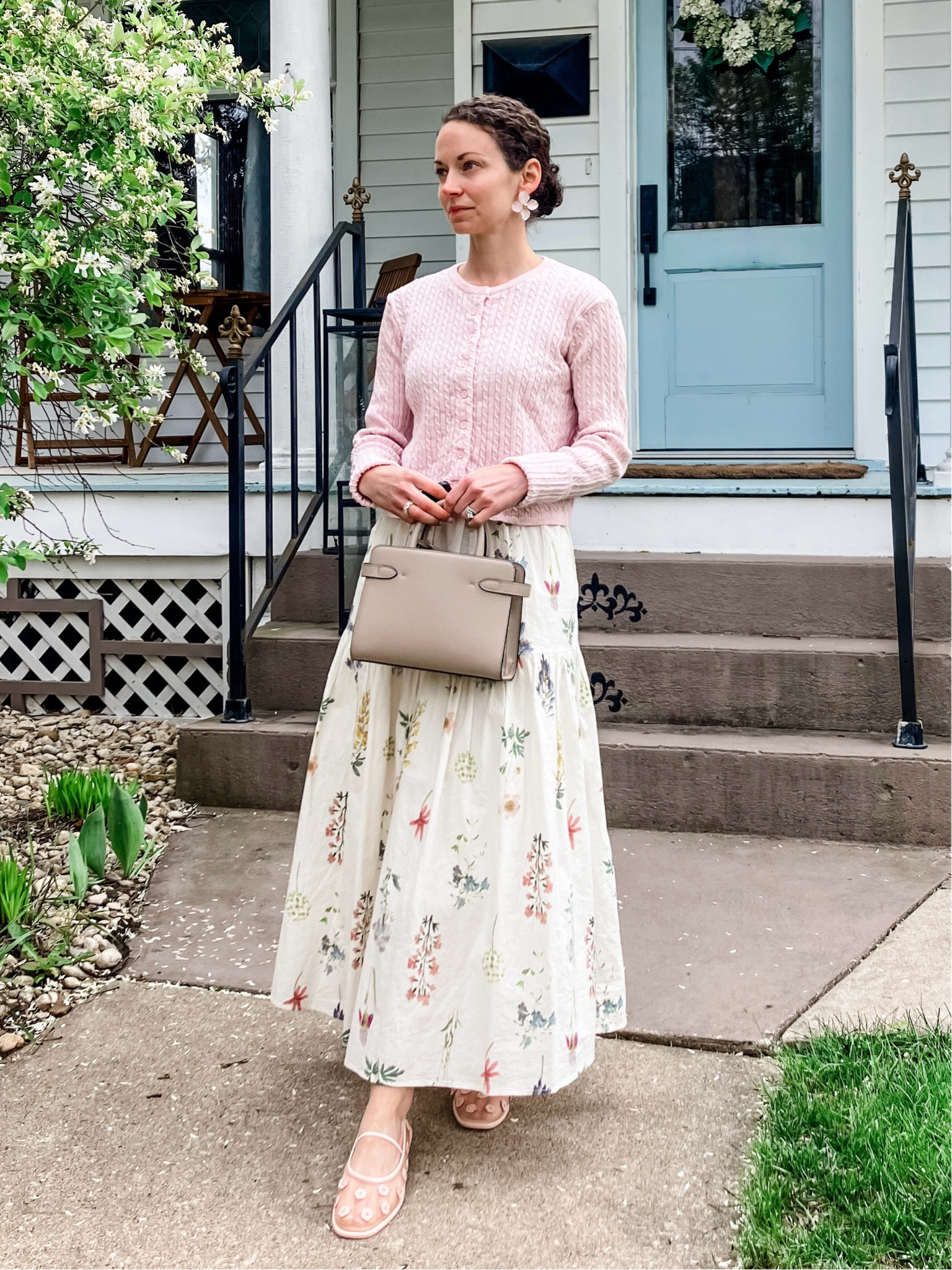 A pink and white cotton church  outfit for spring!
Pink cropped cable knit cardigan is from a local boutique, linking similar. 
White floral cotton skirt from @Chicwish 
Large floral earrings are old, linking similar. 
Leather handbag from Le Tanneur. 
Pink mesh ballet flats are old from Coach, linking similar. 
Petite outfit. Spring outfit. Preppy outfit. Classic outfit. 

#LTKMothersDay #LTKootd #LTKdayinmylife