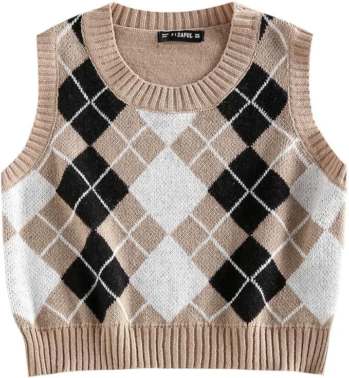 ZAFUL Women's V-Neck Sweater Vest Sleeveless Houndstooth Pullover Knitted Sweater | Amazon (US)