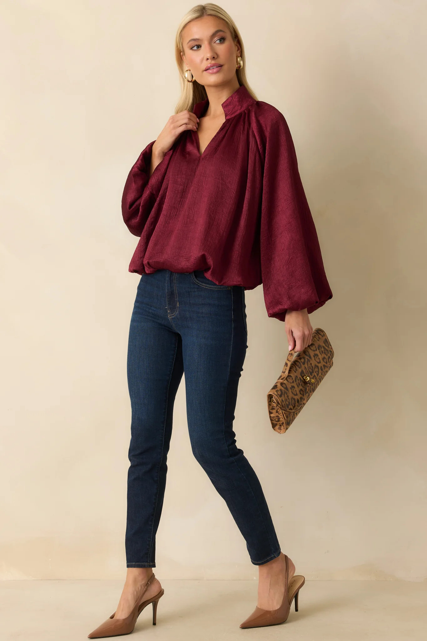 Promise Me This Burgundy Satin V-Neck Peasant Sleeve Top | Red Dress