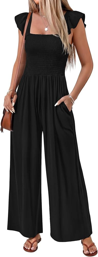 Ekouaer Womens Casual Jumpsuits Summer Boho Outfits Printed Smocked Wide Leg Vacation Jumper With... | Amazon (US)