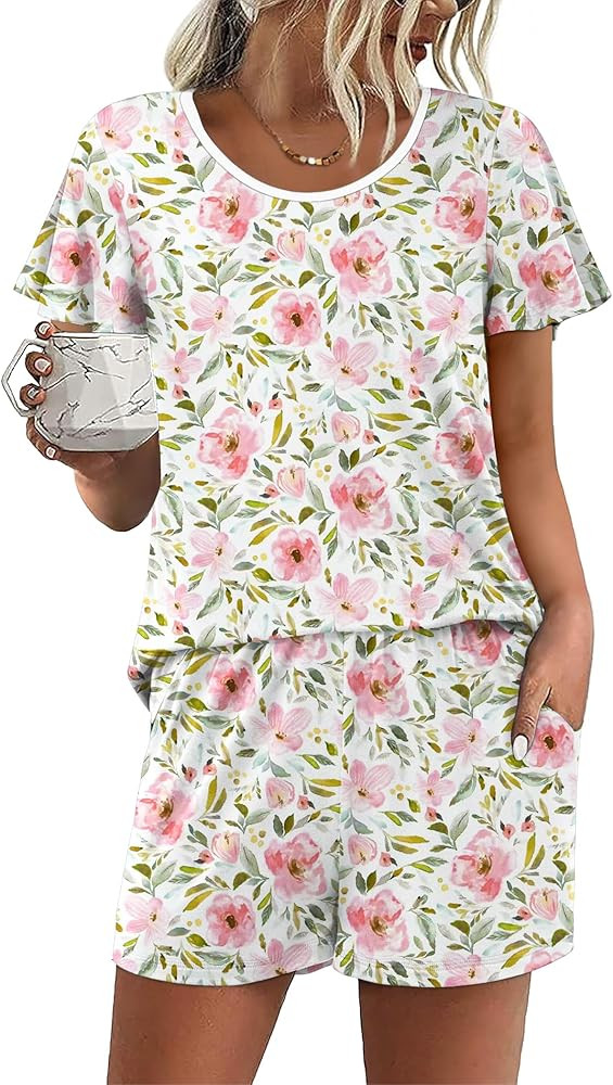 Ekouaer Womens Pajama Set Summer Short Sleeve Pjs Sleepwear Cute 2 Piece Lounge Sets S-XXL | Amazon (US)