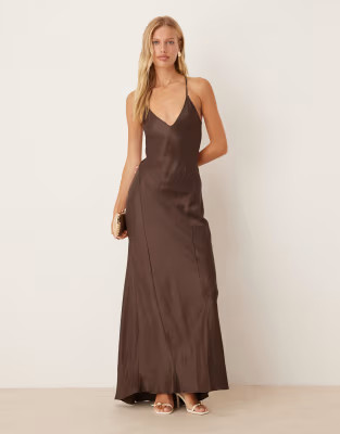 ASOS DESIGN satin seam detail maxi dress in chocolate | ASOS (Global)