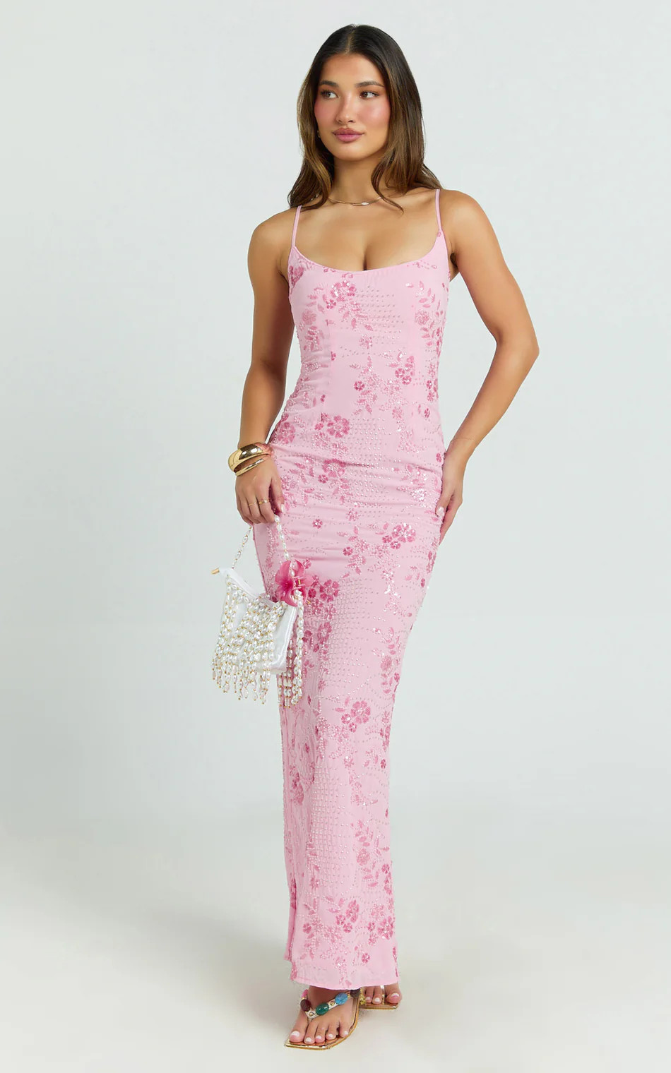 Shari Maxi Dress - Strappy Scoop Neck Column Fitted Sequin Mesh Dress in Pink | Showpo (US, UK & Europe)