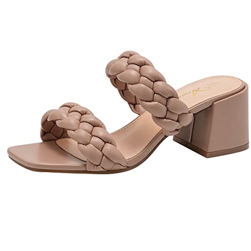 Athlefit Women's Braided Heeled Sandals Strappy Square Open Toe Heels Backless Mules Slip On Block Heels Nude Size 8.5 | Amazon (US)