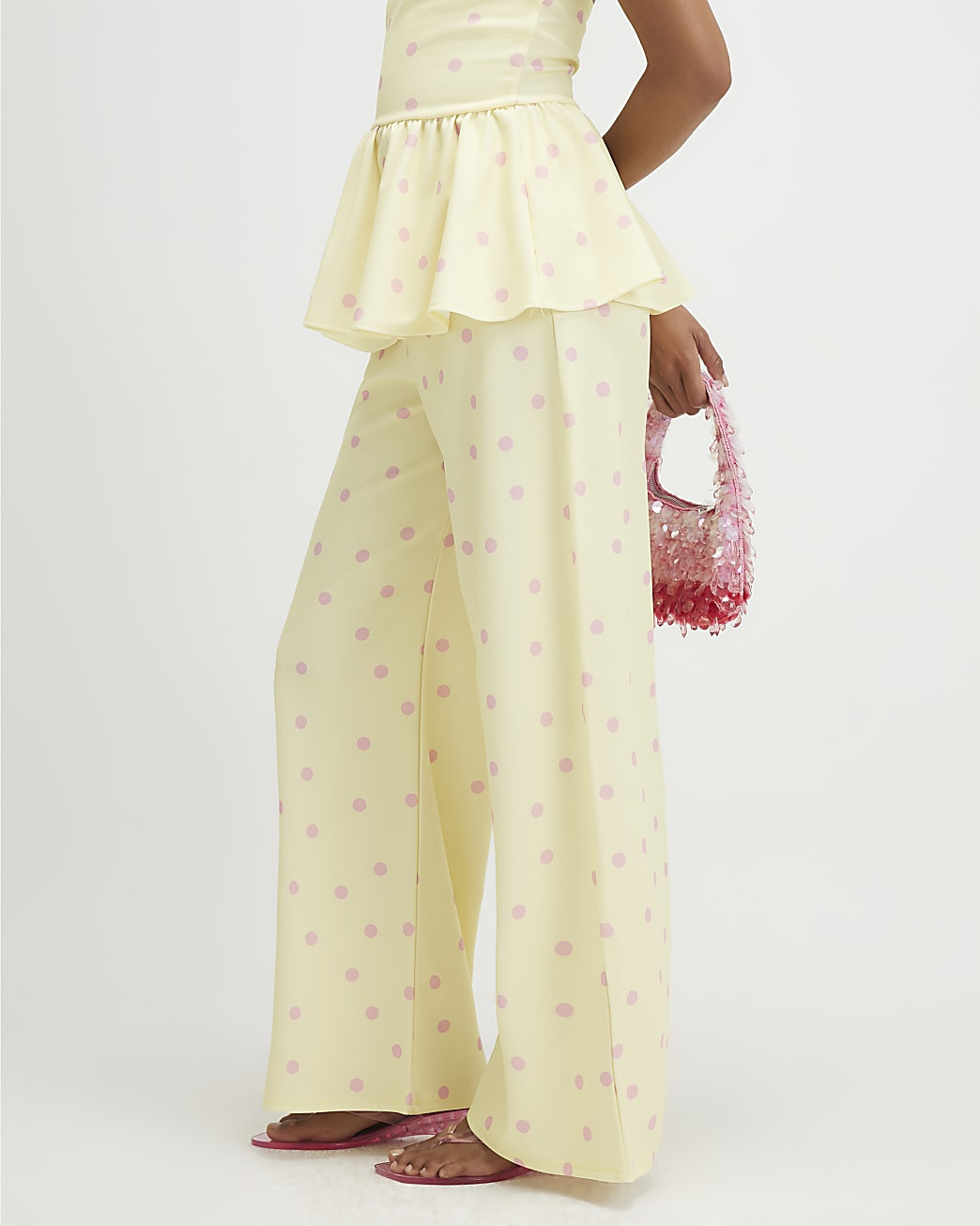 Yellow Spot Print Wide Leg Trousers | River Island UK & IE