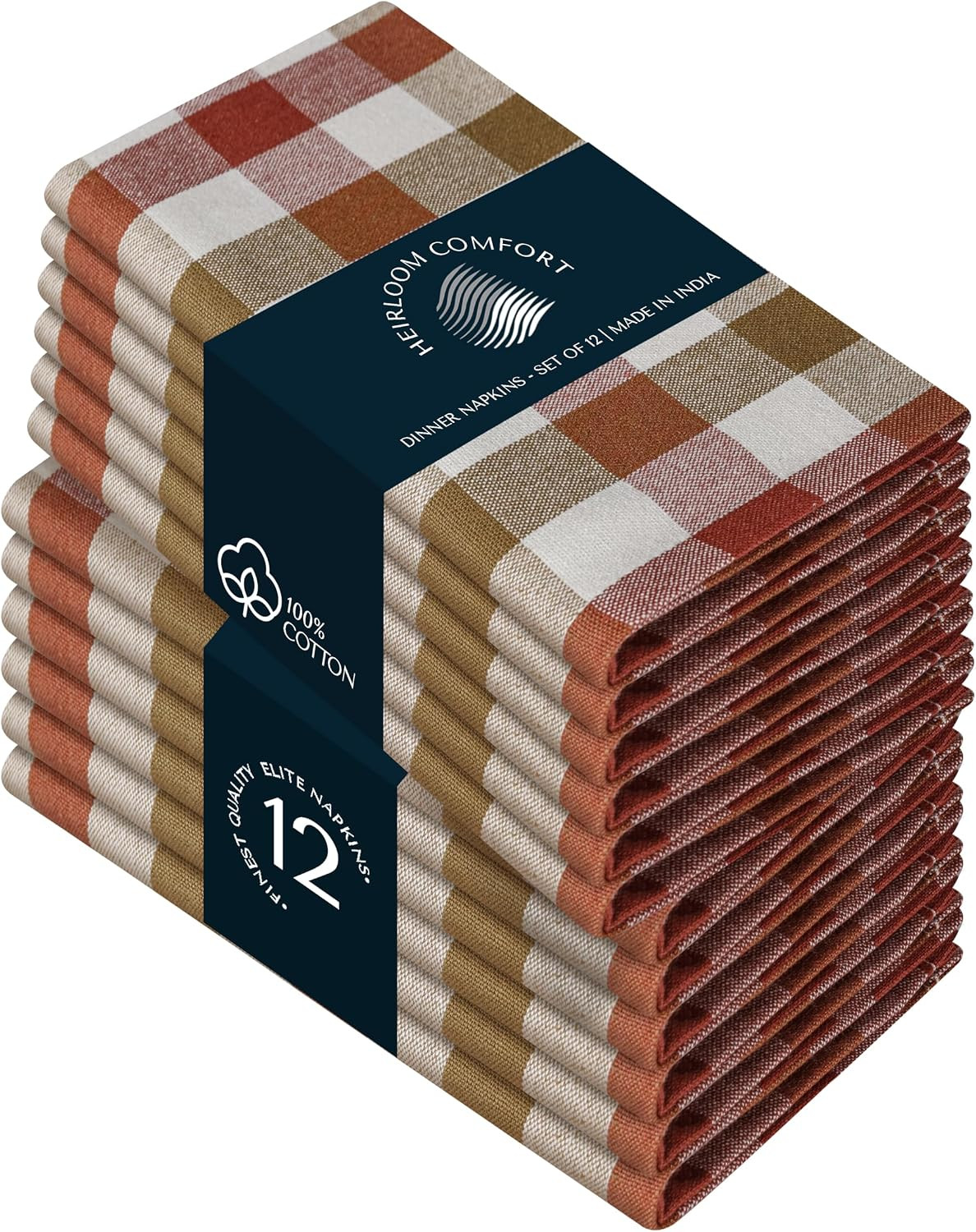 Gingham Check Multi Color Cloth Napkins Set of 12, 45x45 cm, 100% Cotton, Super Absorbent & Reusable, Washable Fabric Napkins Dinner, Events, Everyday Use, Rust, Khaki | Amazon (UK)