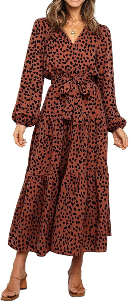 PRETTYGARDEN Womens Fall Long Sleeve Wrap V Neck Ruffle Floral Maxi Dress Casual Tie Waist Boho C... | Amazon (US)