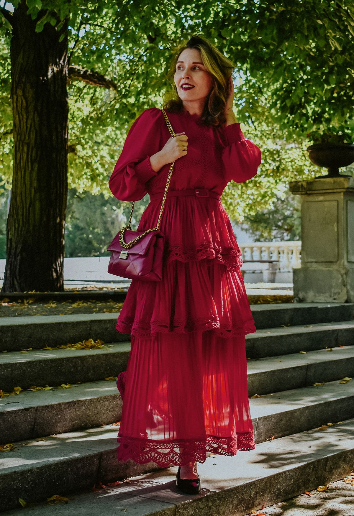 Crochet Lace Pleated Tiered Chiffon Maxi Dress in Red | Chicwish