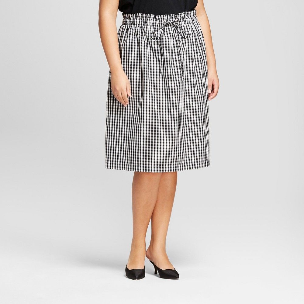 Women's Plus Size Gingham Paperbag Midi Skirt - Ava & Viv Black/White X | Target