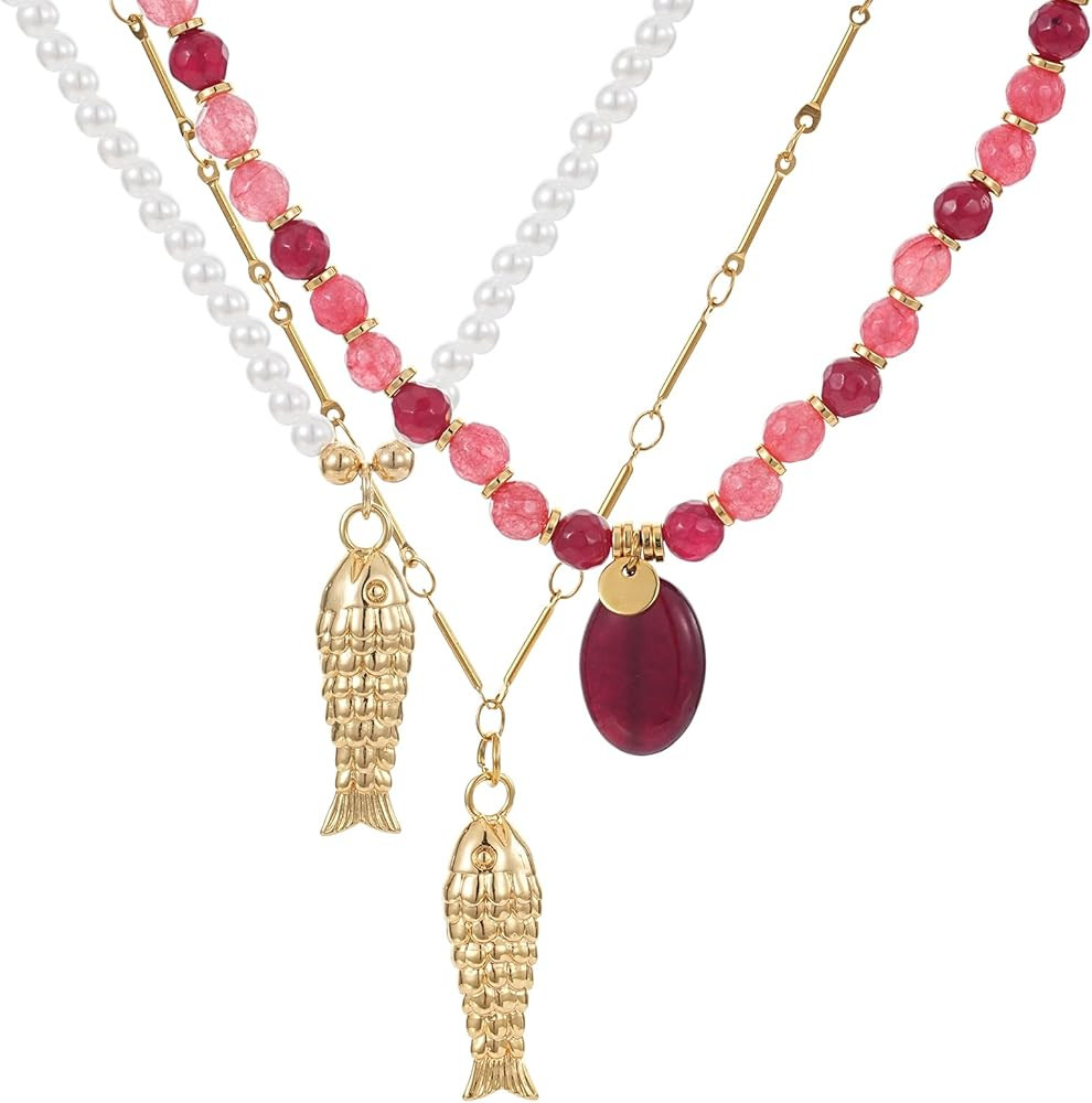 3Pcs Fish Charm Choker Necklace for Women, Delicate Beaded with Pearls Gold Plated Fish Pendant N... | Amazon (US)