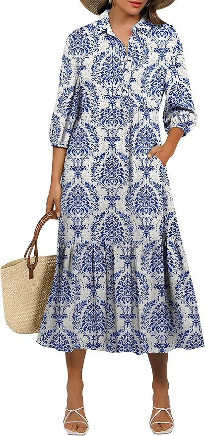 ANRABESS Women Casual 3/4 Puff Sleeve Polo V Neck Floral Printed Flowy Swing Loose Summer Boho Ma... | Amazon (US)