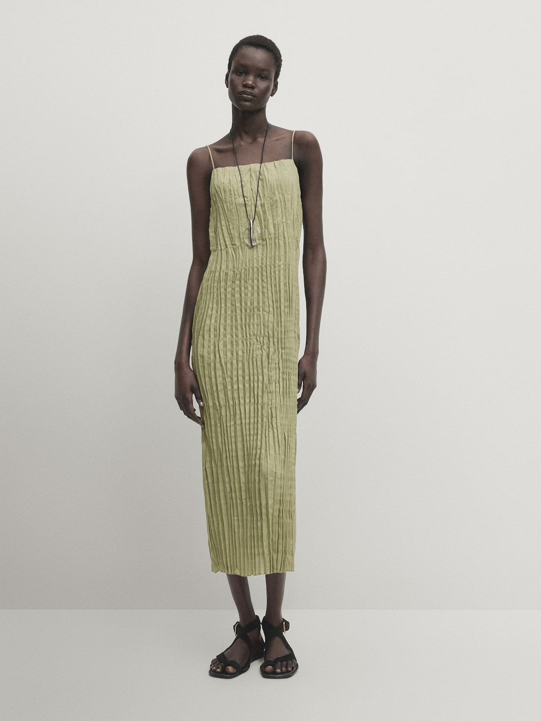 Linen blend pleated strappy dress | Massimo Dutti US