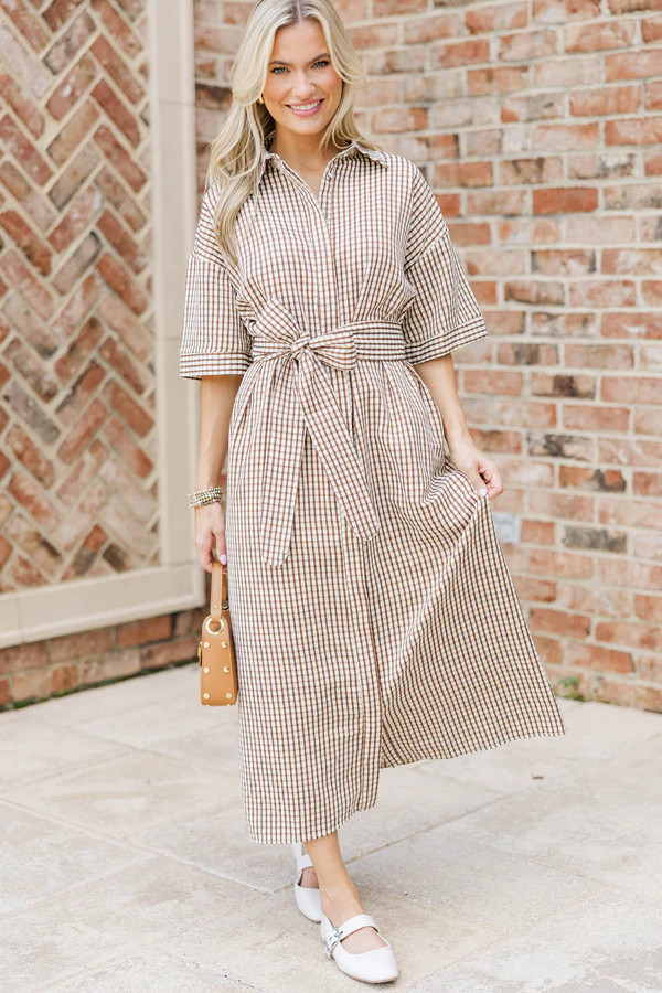 Time Spent Well Brown Gingham Midi Dress | The Mint Julep Boutique