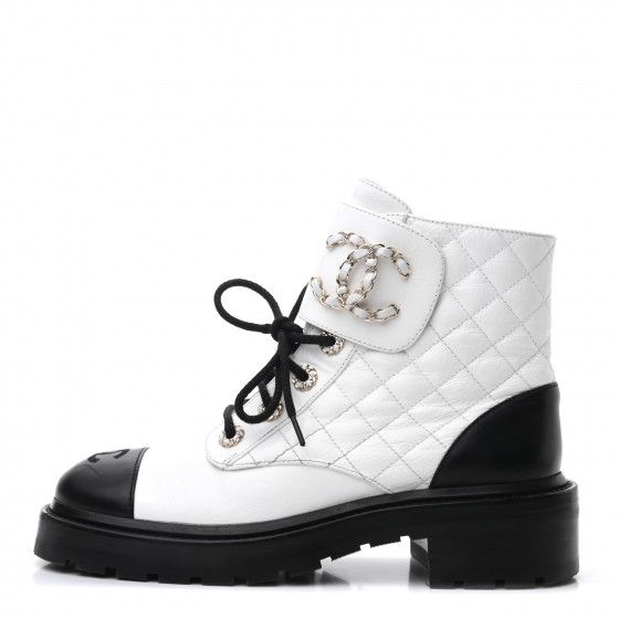 CHANEL

Shiny Goatskin Calfskin Quilted Lace Up Combat Boots 37.5 White Black | Fashionphile