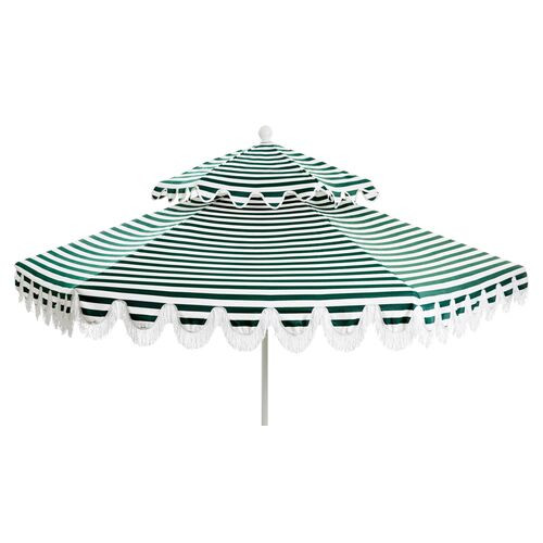Daiana Two-Tier Fringe Patio Umbrella - Green Stripe | One Kings Lane