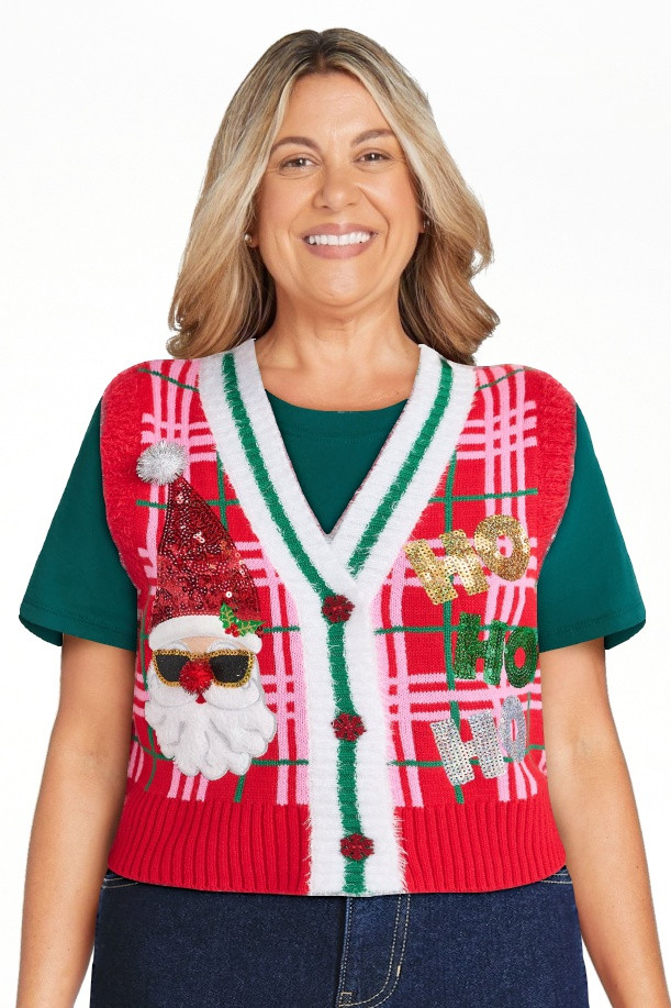 No Boundaries V-Neck Button Front Christmas Vest, Women’s | Walmart (US)