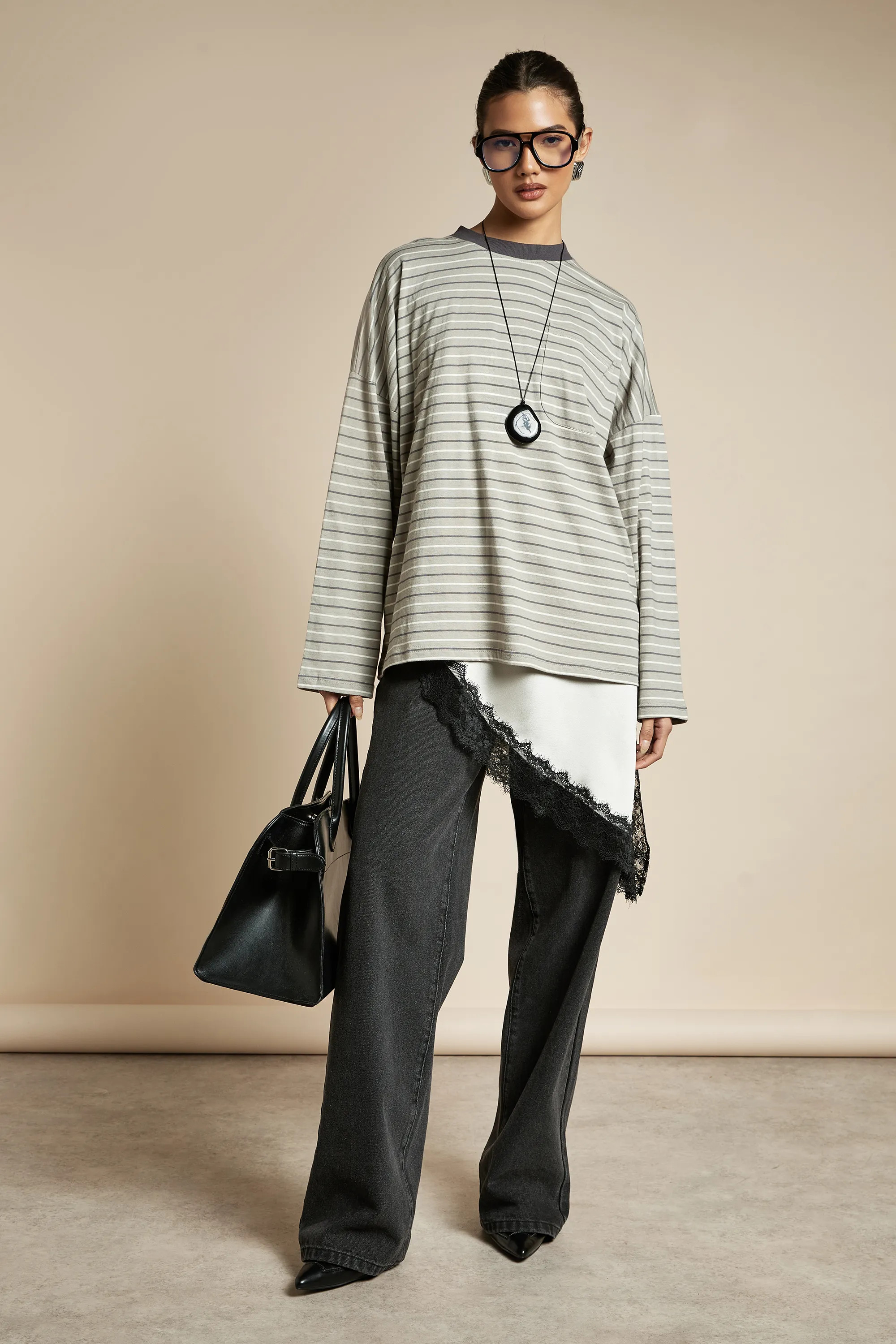 Grey Striped Cotton Pocket Front Long Sleeve Top | Boohoo | Boohoo.com (UK & IE)