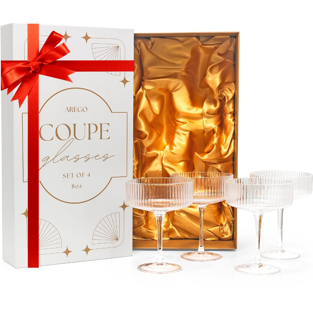 Coupe Glasses | Set of 4 | 8 oz Vintage Art Deco Glasses, Tall Hand Blown Ribbed Cocktail Glasswa... | Amazon (US)