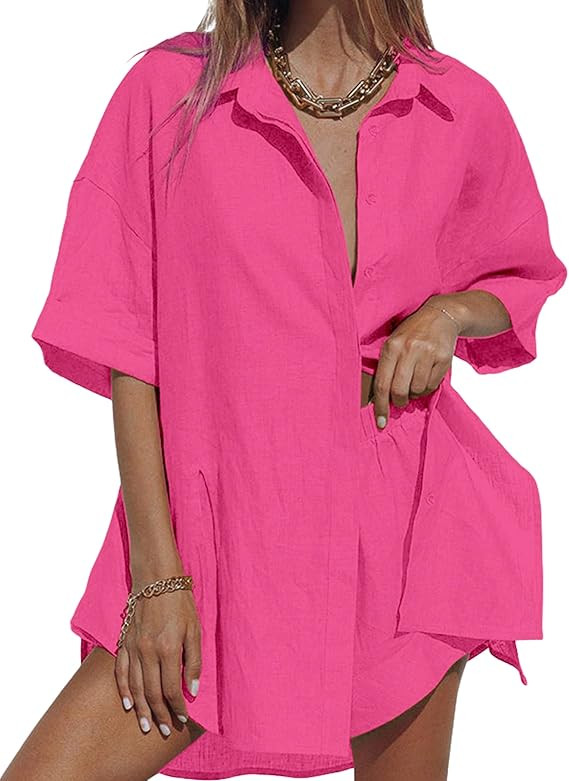 Women's 2 Piece Outfits Summer Casual Tracksuit Button Down Short Sleeve Side Slit Shirt Short Se... | Amazon (US)