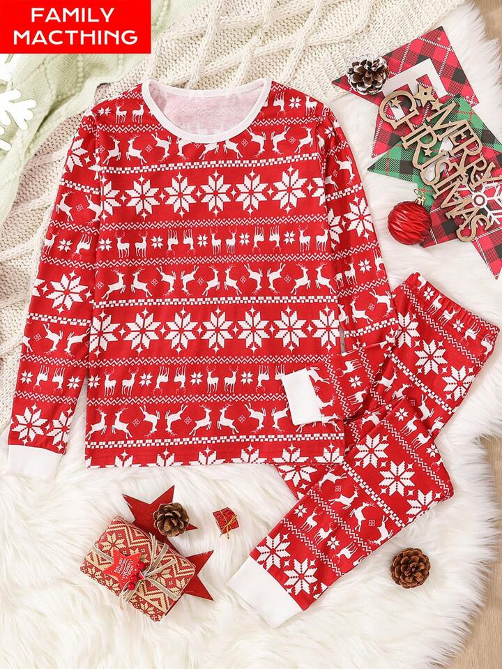 Tween Boy Christmas Pajamas Set, Holiday Party Family Matching Deer Print Long Sleeve Shirt And P... | SHEIN