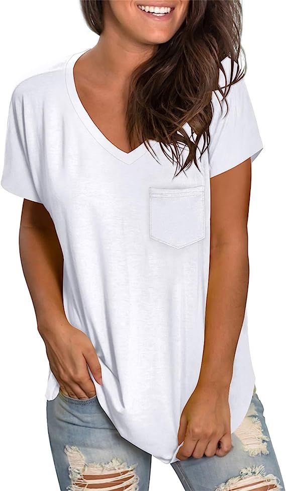 WEESO Women's V Neck Short Sleeve T Shirts with Pocket Drop Tail Hem Relaxed Fit Tees | Amazon (US)