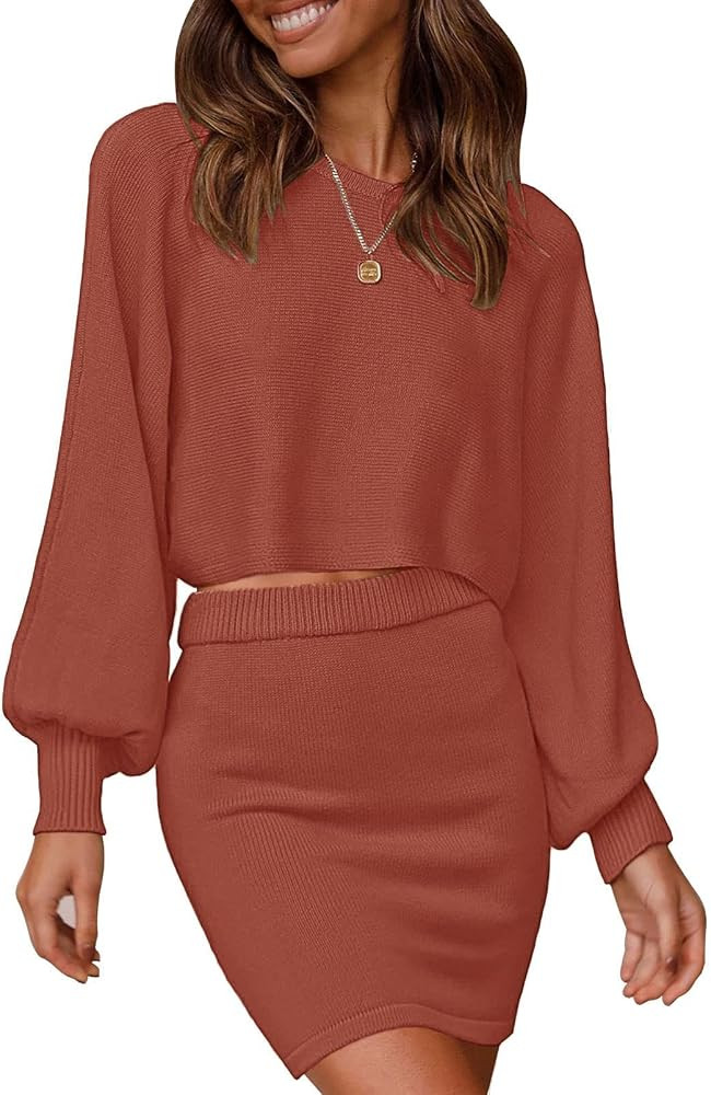 MEROKEETY Women's Puff Sleeve 2 Piece Knit Outfits Solid Color Crop Top Bodycon Skirt Set Sweater | Amazon (US)