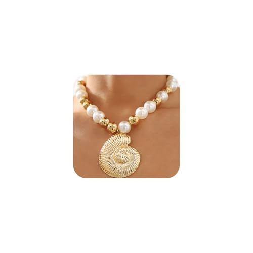 Chunky Gold Pearl Conch Statement Necklace Exaggerated Large Round Balls Beaded Choker Seashell Collar Necklace Dainty Beach Ocean Jewelry for Women (Gold) | Amazon (US)