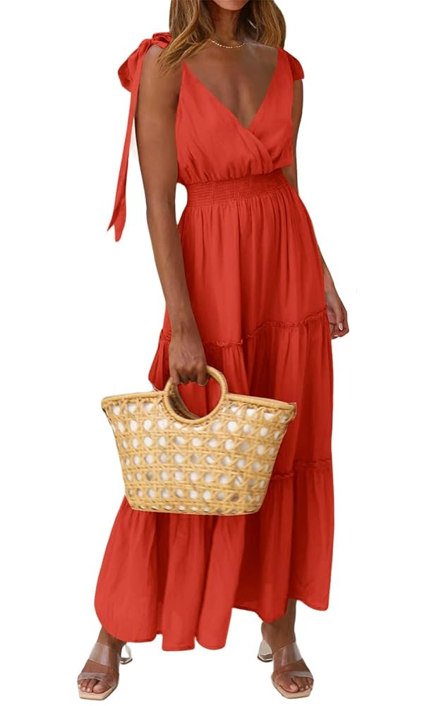 PRETTYGARDEN Women's Cross Neck Summer Sleeveless Tiered Maxi Dress Beach Tie Strap Smocked Long ... | Amazon (US)
