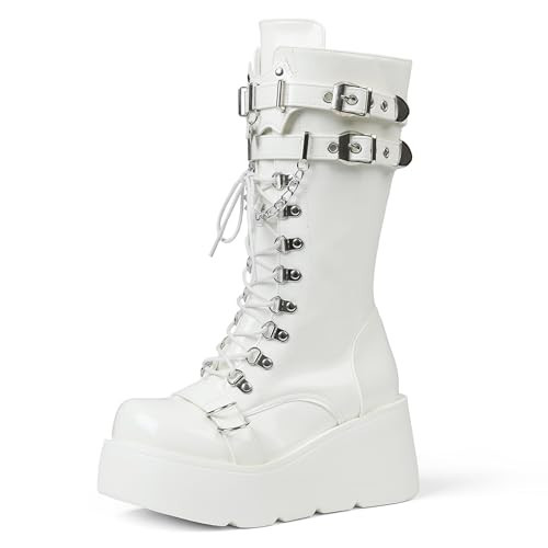 Yremael Women's White Platform Boots Wedge Combat Gothic Chunky Heel Lace Up Mid Calf Punk Motorcycle Shoes | Amazon (US)