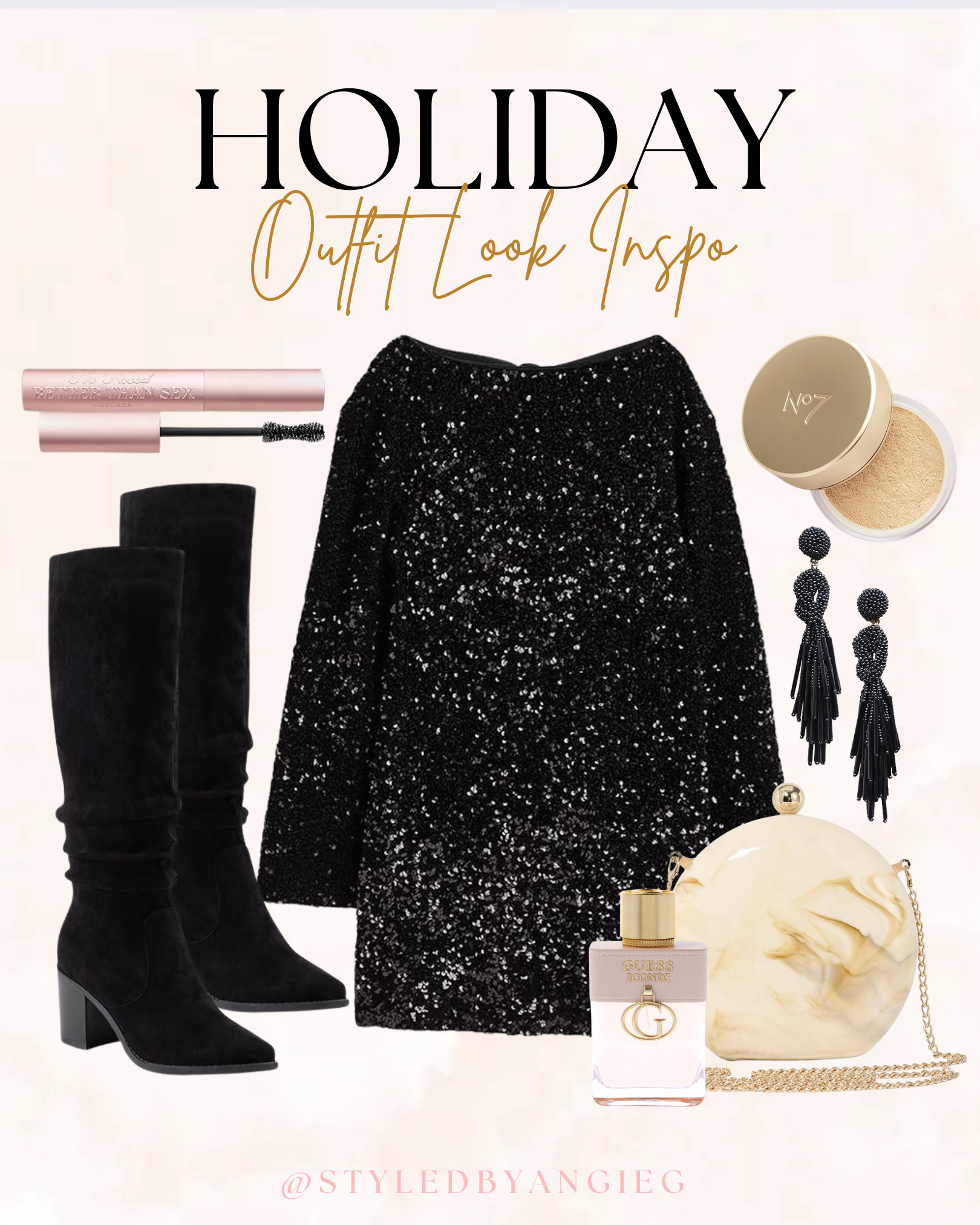 Holiday outfit inspo! Black sequin dress, tall boots, statement earrings, glam makeup, evening bag, perfume, holiday party outfit, NYE look ideas 

 

#LTKHoliday #LTKootd #LTKSeasonal