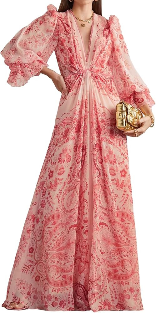 Pink Lace Dress Maxi Floral Dress Deep V Flowy Dress Flattering Long Sleeve Dress | Amazon (US)