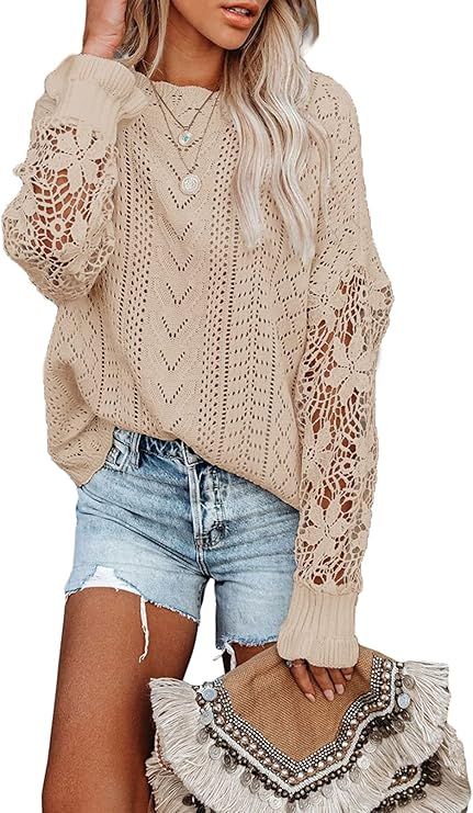 Dokotoo Womens Crewneck Crochet Lace Long Sleeve Hollow Out Cable Knit Pullover Sweaters Tops | Amazon (US)