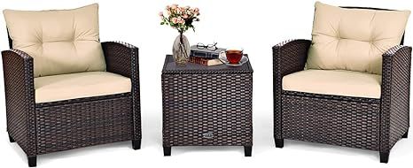 Tangkula 3 Pieces Patio Furniture Set, PE Rattan Wicker 3 Pcs Outdoor Sofa Set w/Washable Cushion... | Amazon (US)
