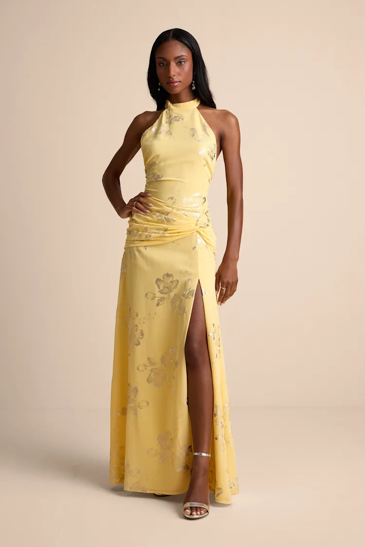 Dayana Yellow Metallic Floral Backless Maxi Dress | Lulus