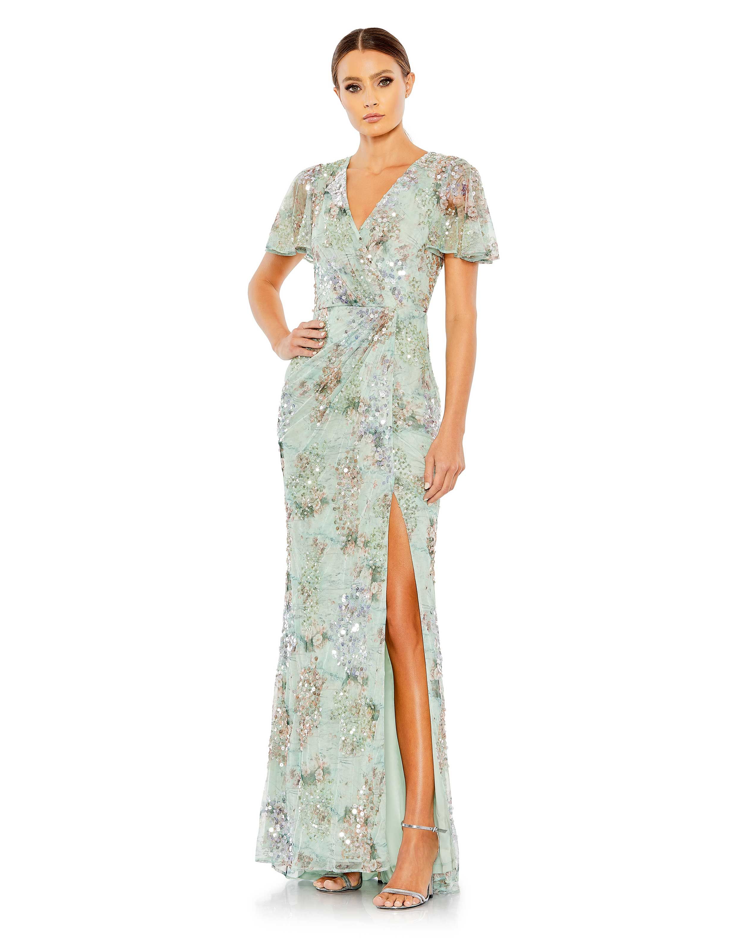 Embellished Butterfly Sleeve Faux Wrap Gown | Mac Duggal
