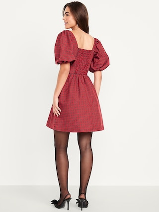 Puff-Sleeve Plaid Fit & Flare Taffeta Mini Dress | Old Navy (US)