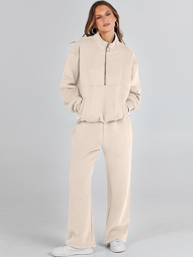 ANRABESS Women 2 Piece Outfits Sweatsuit Set 2023 Fall Oversized Half Zip Sweatshirt Wide Leg Sweatp | Amazon (US)