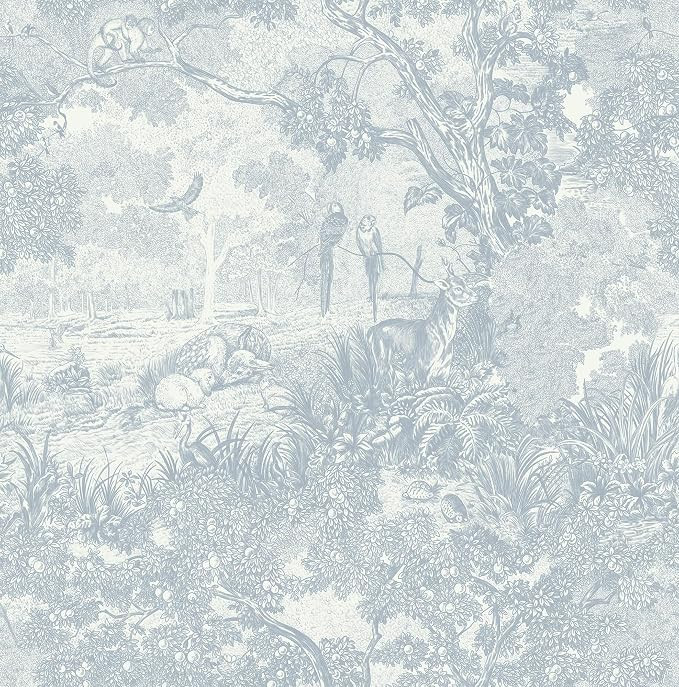 Ismoon Vintage Wallpaper Peel and Stick Blue Neutral Wallpaper 17.3in x16.4ft Forest Animals Cont... | Amazon (US)